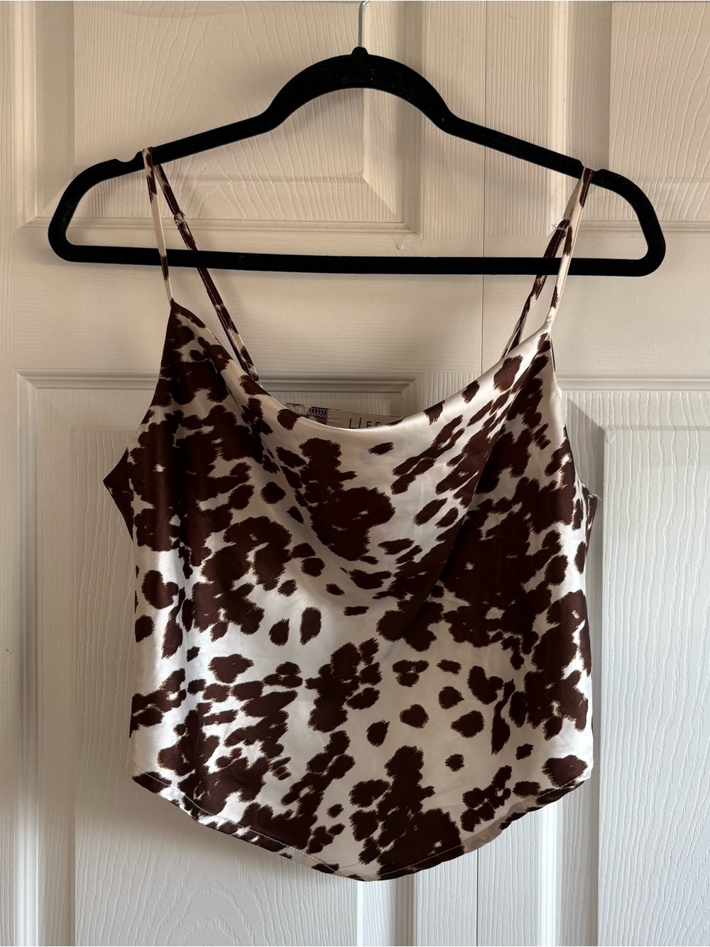 L.I.F.E Cow Print Satin Crop Spaghetti Cami Top Festival Party Rave Cowgirl M